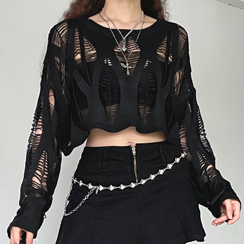 Women Clothing Spring Women Clothes Sweater Sexy Sexy Loose Fitting Cropped Openwork Knitted Top