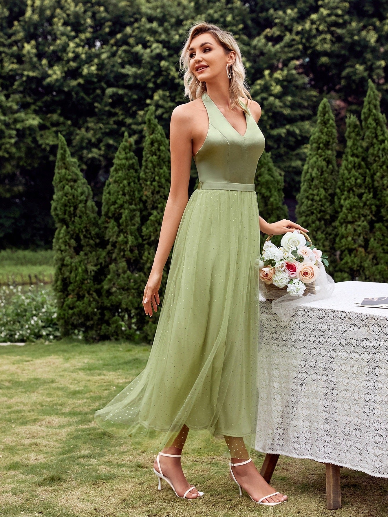 Women V neck Strap Fresh Dress Photography Gown Dress Green