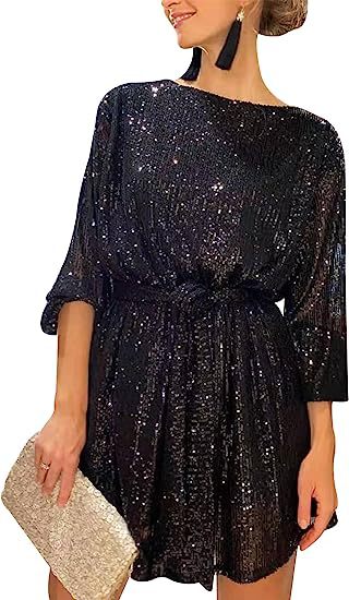 Summer Sequined Round Neck Long Sleeve Casual Loose Beaded Dress Black