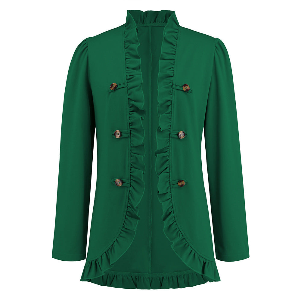 Women Ruffled Cardigan Button Small Coat Autumn Winter Long Sleeve Short Green