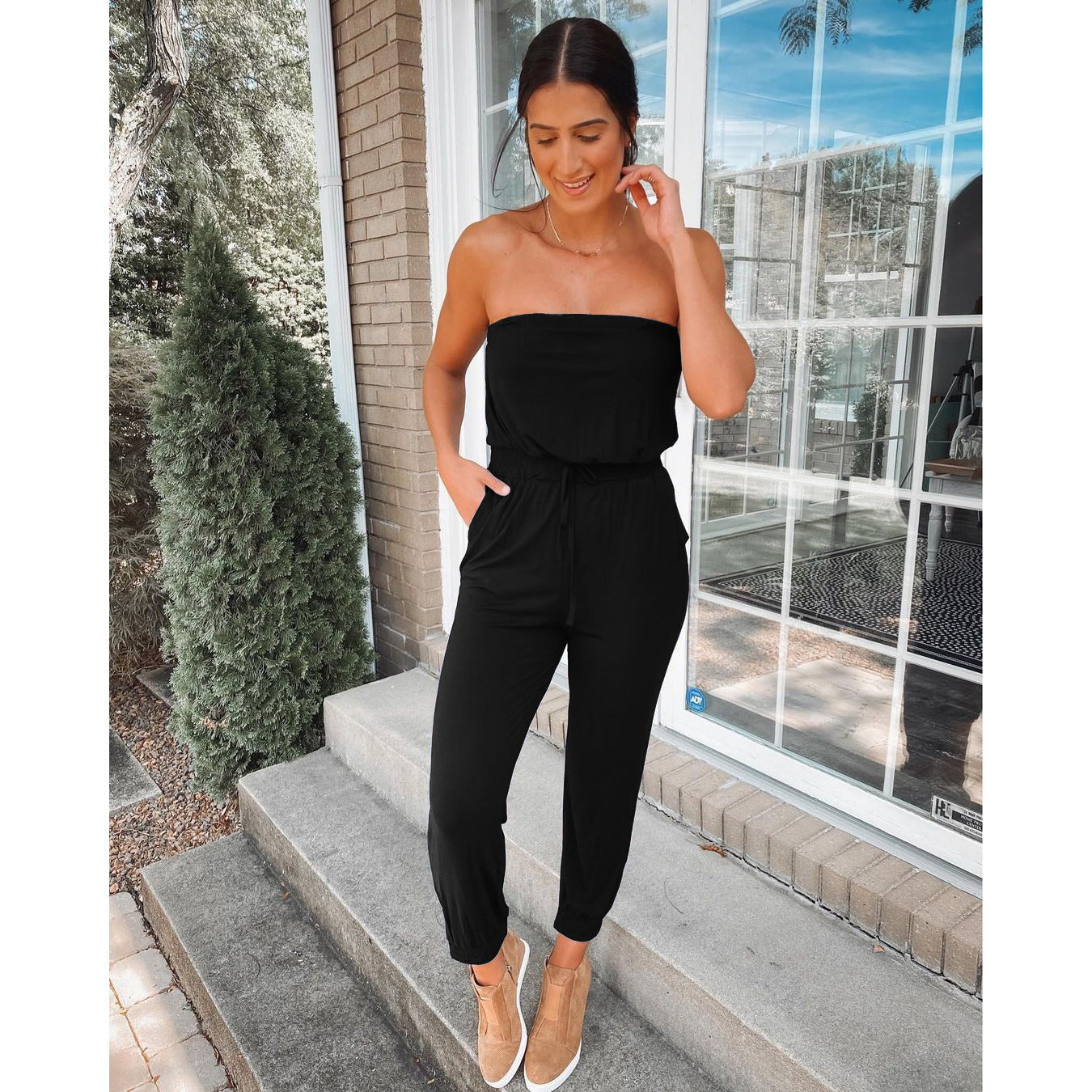 Spring Summer off Neck Backless Loose Bodysuit Home Casual Jumpsuit Women Black