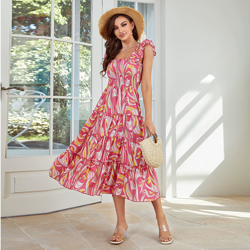 Summer Women Clothing Sexy Strap Backless Print Large Swing Dress