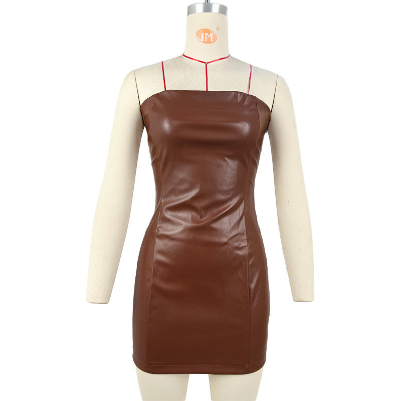 Women Clothing Popular Tube Top Faux Leather Sexy Sheath Women Dress Brown