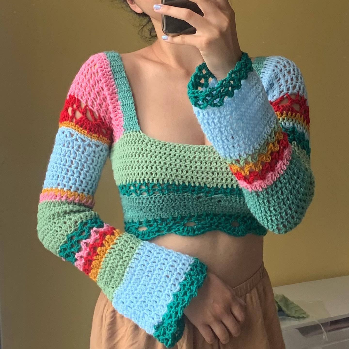 Women Knitted Sweater Square Collar Color Striped Color Matching Handmade Crochet Long Sleeve Top