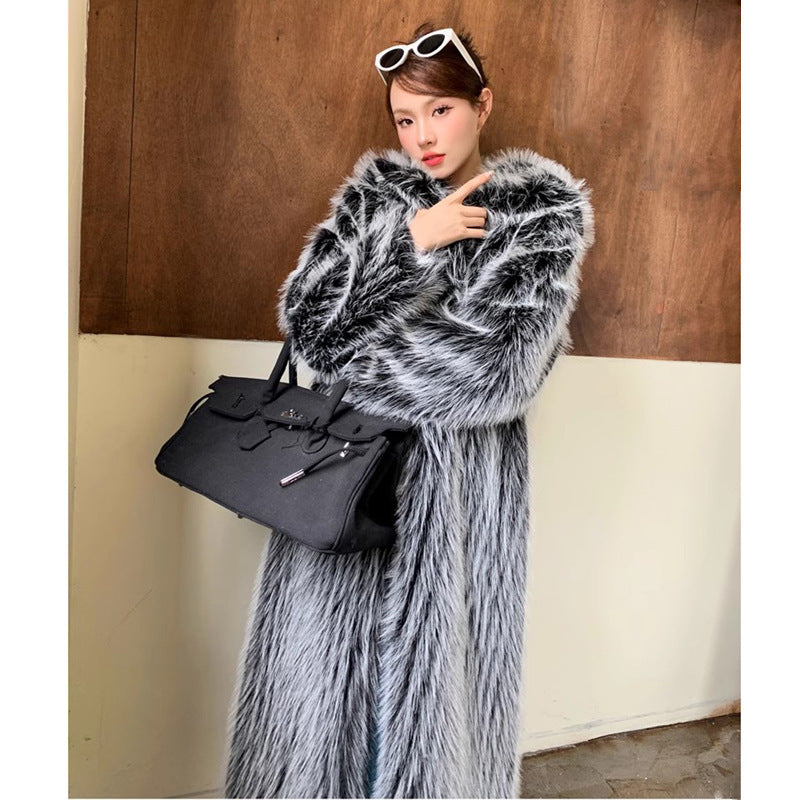 Women Autumn Winter Cat Ears Hooded Fur Black White Fur Coat Imitation Wool Overknee Long Warm Coat