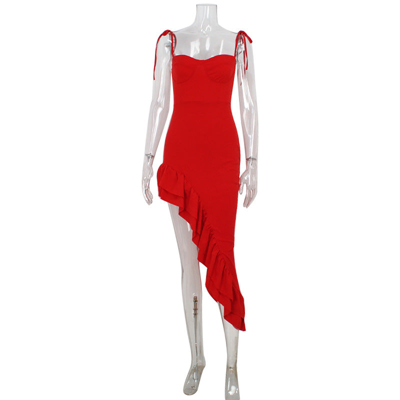 Spring Sexy Tube Top Irregular Asymmetric Dress Ruffled Socialite Sling Dress Red