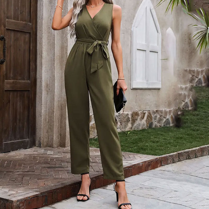 Women Clothing Summer Elegant Office Sleeveless Cross Collar Waistline Lace up Jumpsuit Casual Pants for Women