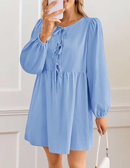 Women Clothing Lace Up Little Girl Clothes A Line Pleated Long Sleeve Dress Light Blue