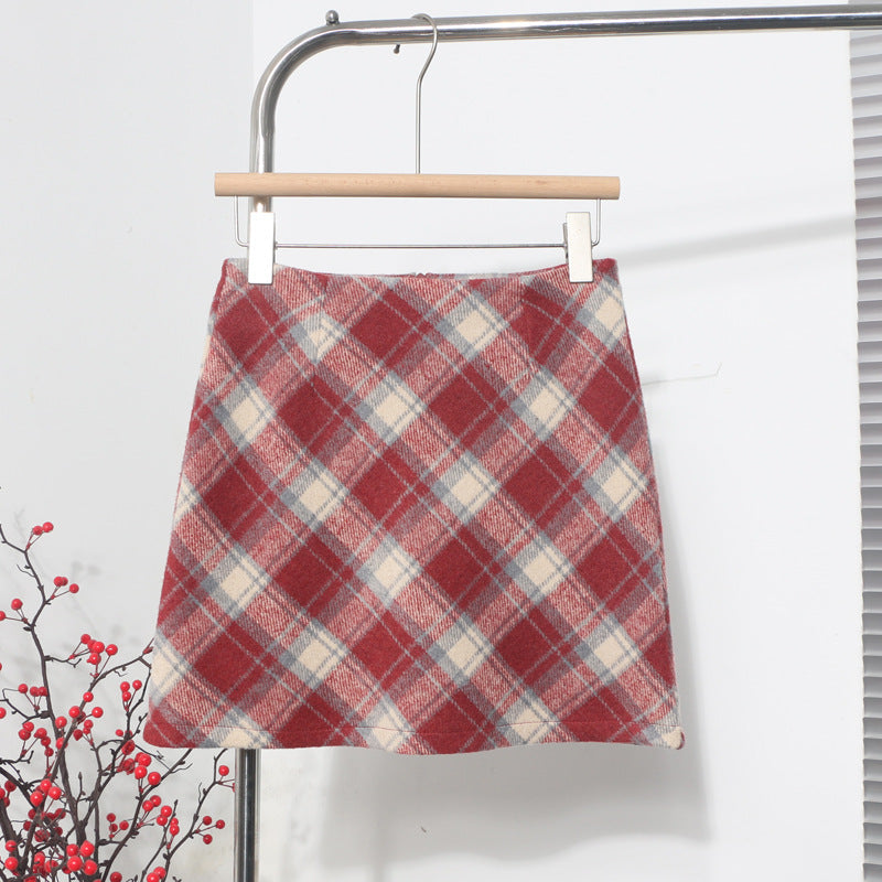 Volume Product Plaid Short Skirt Autumn Winter Woolen A Line High Waist Slimming Sheath Ant Exposure Skirt Christmas Red