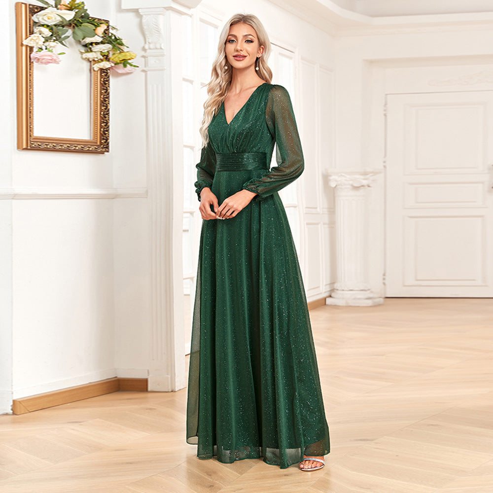 Women Elegant V Neck Shiny Chiffon Evening Dress A line Sheer Long Sleeve Wedding Party Dress Bridesmaid Blackish Green