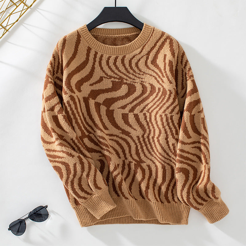 Zebra Pattern Pullover Women Clothing Knitwear Autumn Winter Pullover round Neck Sweater for Women Brown