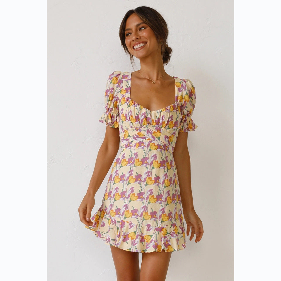 Spring Summer Digital Floral Print Fresh Sweet A- line Short Dress