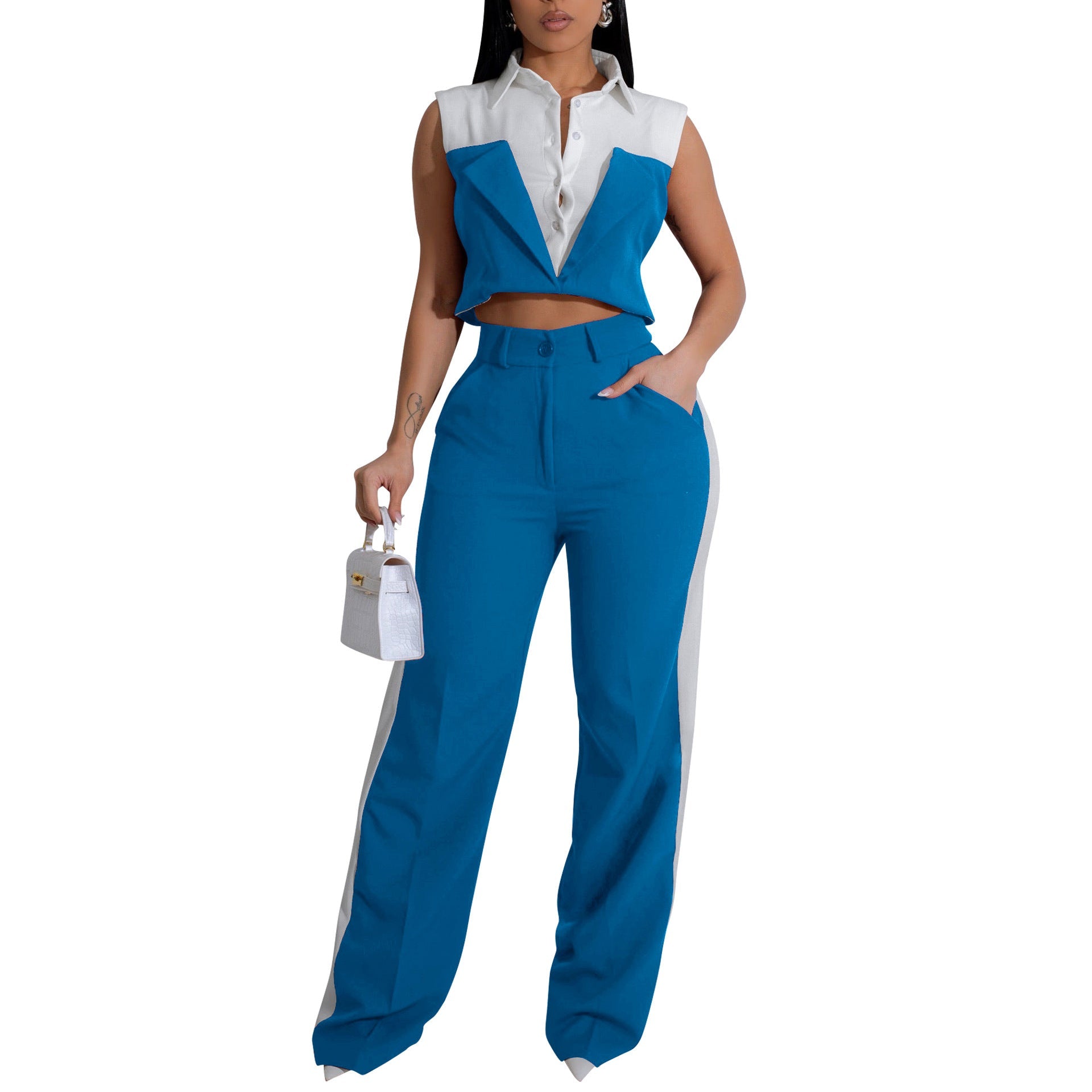 Women Clothing Shirt Sleeveless Summer Two Piece Set Faux Two Pieces Office Blue