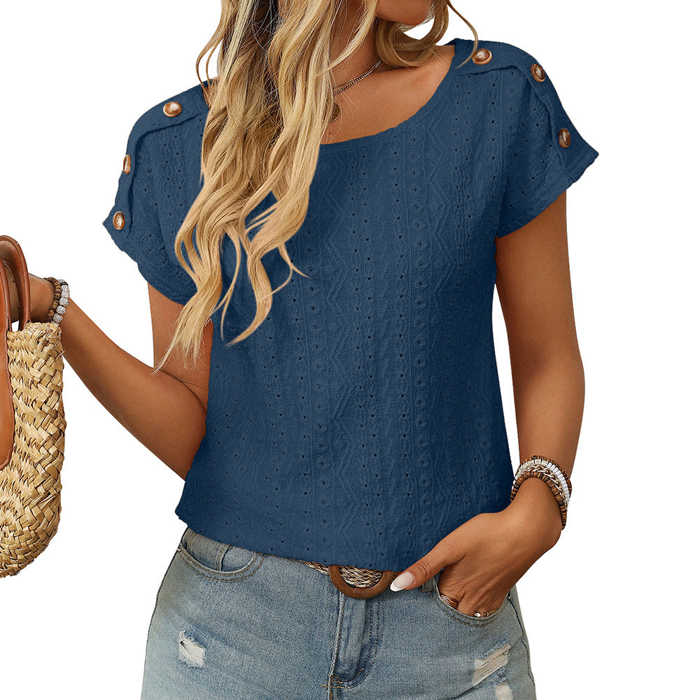 Women Clothing Spring Summer Solid Color round Neck Button Short Sleeve T shirt Hollow Out Cutout Top Navy Blue