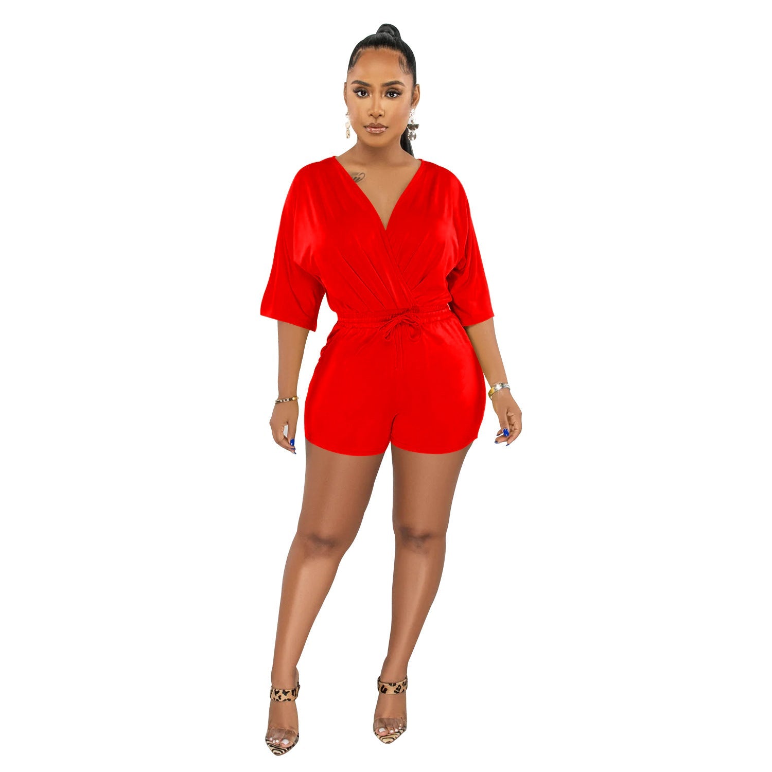 Women Wear Solid Color Tied V Neck Half Sleeves Shorts Jumpsuit Women Red