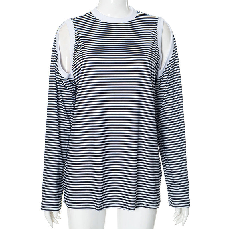 Women Clothing Striped Contrast Color off Shoulder Long Sleeve Casual Fall Clothing Top White