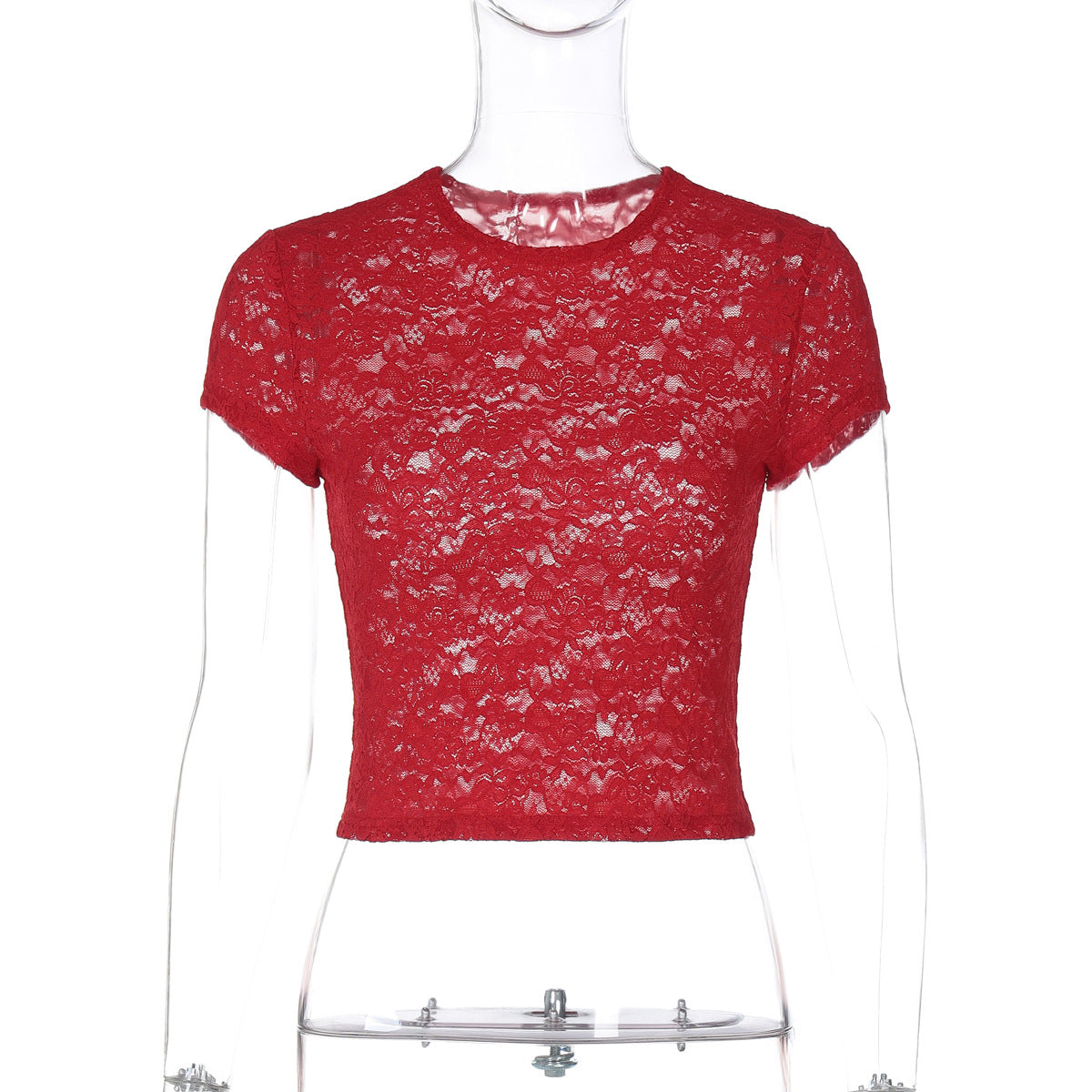 Women Clothing Spring Summer Sexy Lace See through Slim Fit Crew Neck T shirt Top Red