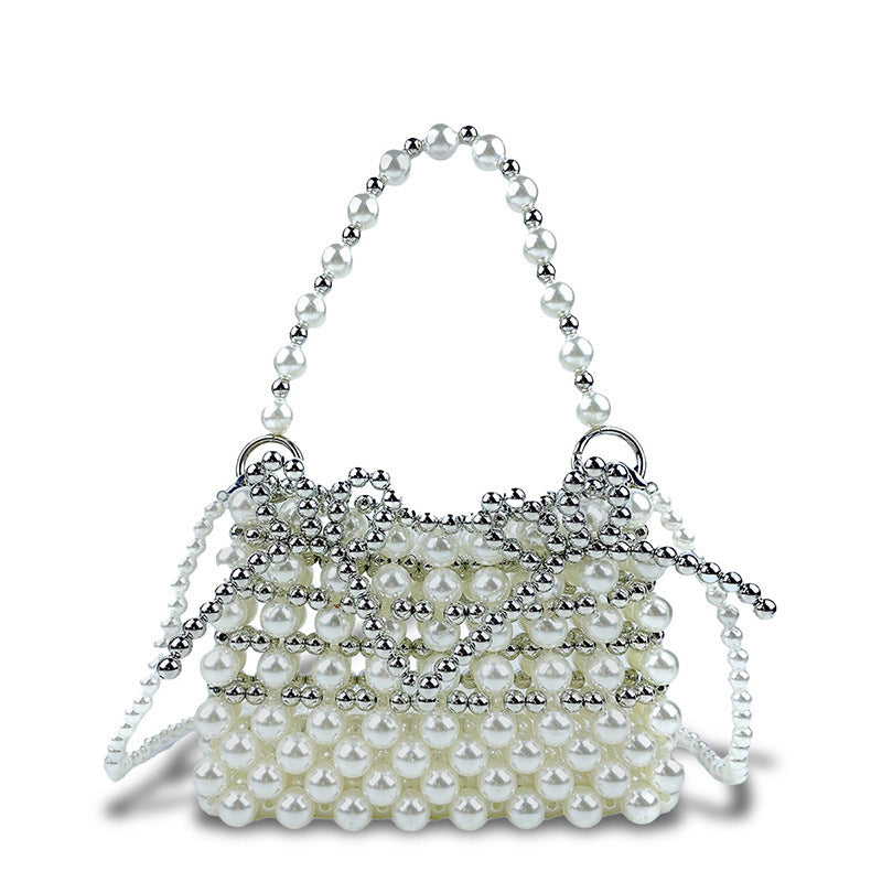 Western Weaving Hollow Out Cutout Pearl Bag Silver Bow Small Handbag Office Messenger Bag