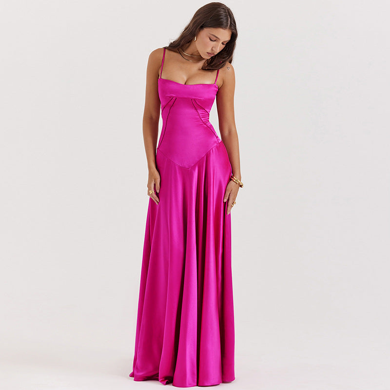 Women Wear Sexy Sling Dress Slim Fit Backless Maxi Dress Women Evening Dress Magenta Solid Color