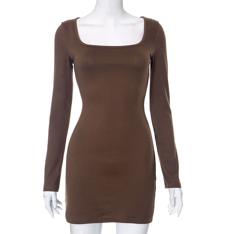 Women Clothing Autumn Winter Square Collar Long Sleeve Hip Wrapped Sexy Dress Brown