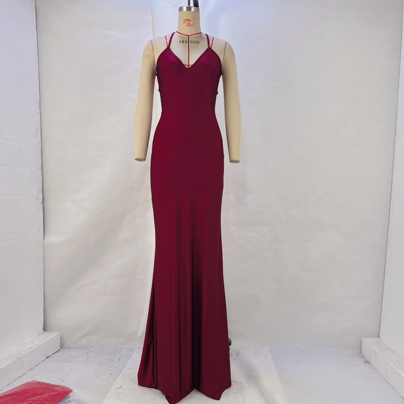 Women Clothing Spring Summer Solid Color Sexy Backless Hip Slimming Long Strap Dress Burgundy