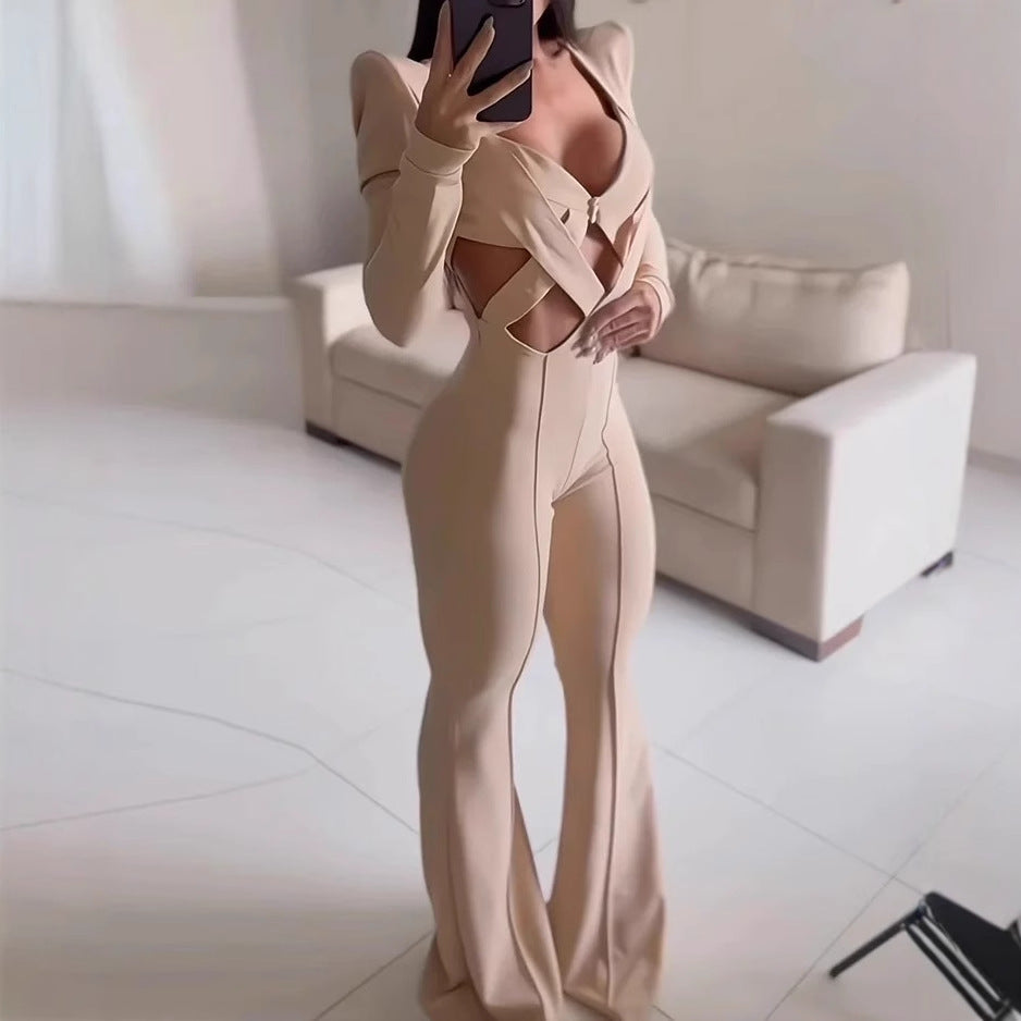 Spring Long Sleeve Hollow Out Cutout Cross Strap Solid Color Jumpsuit