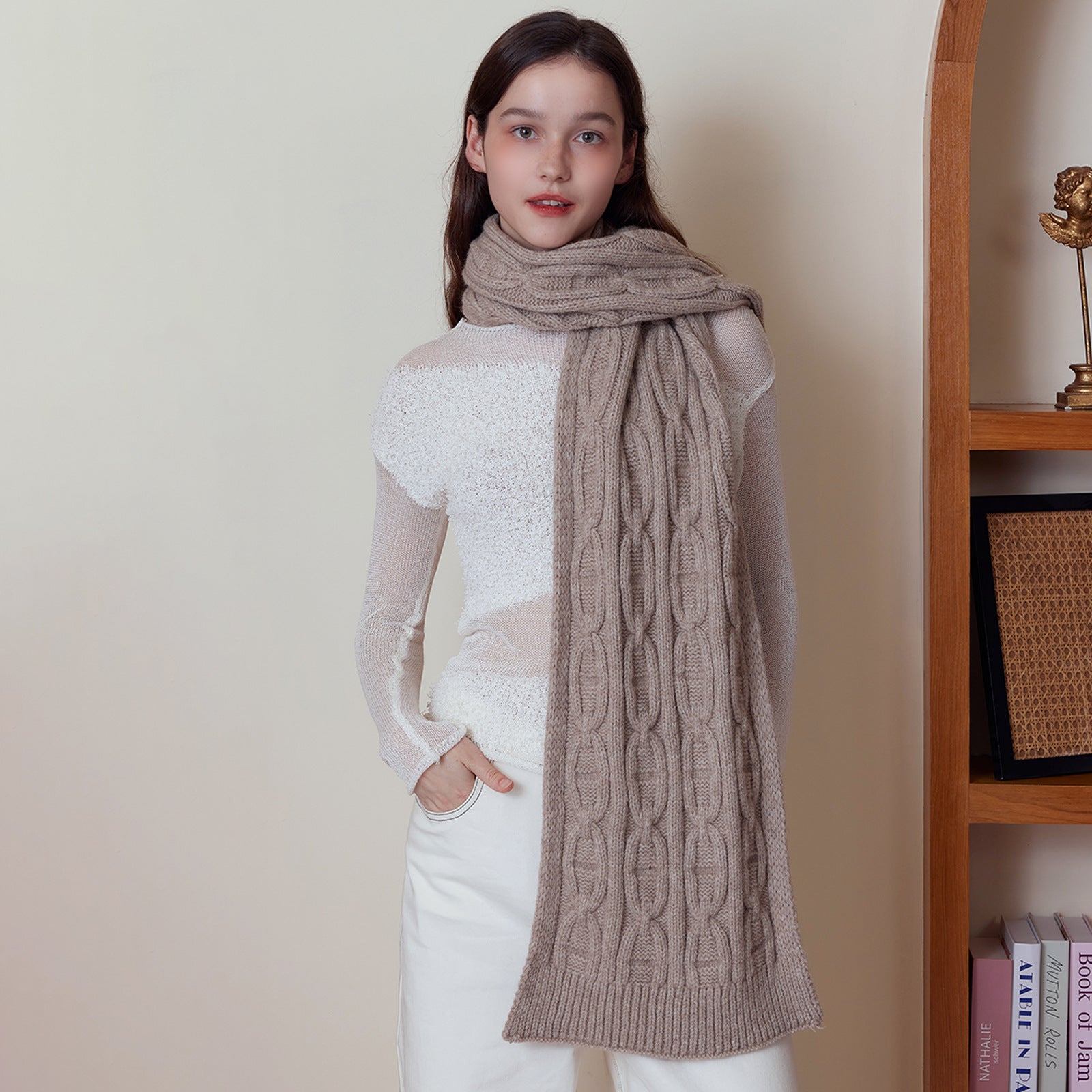 Winter Atmosphere Thickened Solid Color Knitted Scarf Shawl Women Couple General High Grade Woolen Scarf One Size Khaki