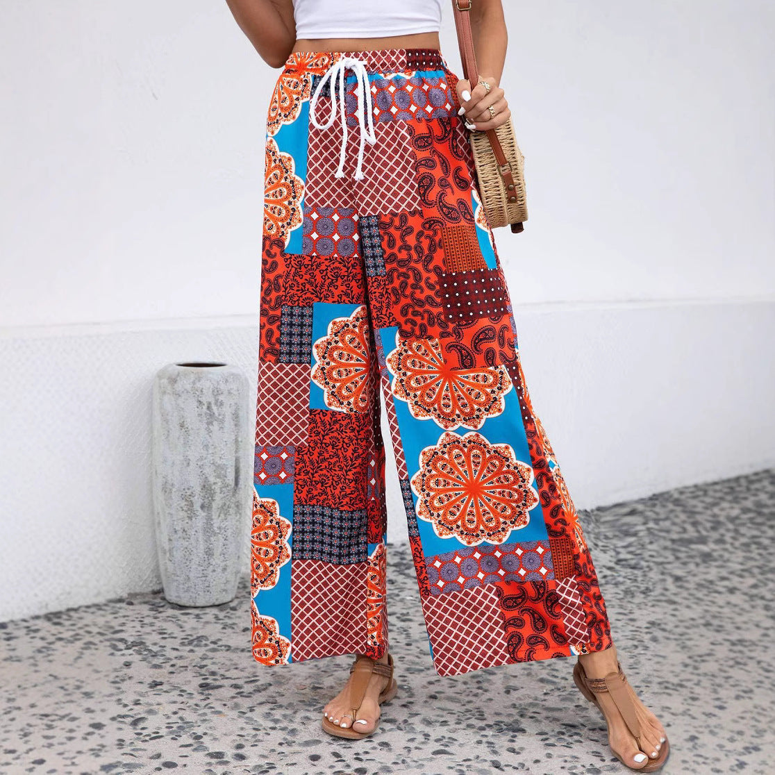 Spring Ladies Casual Elastic Waist Bohemian Printing Straight Leg Trousers