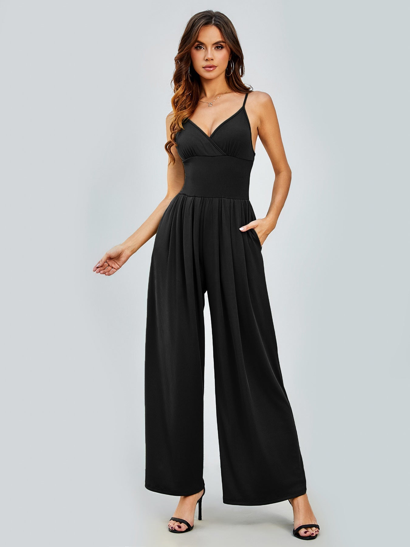 Women Clothes Solid Color Casual Sexy Sling Backless High Waist Slimming Straight Pants Set Black