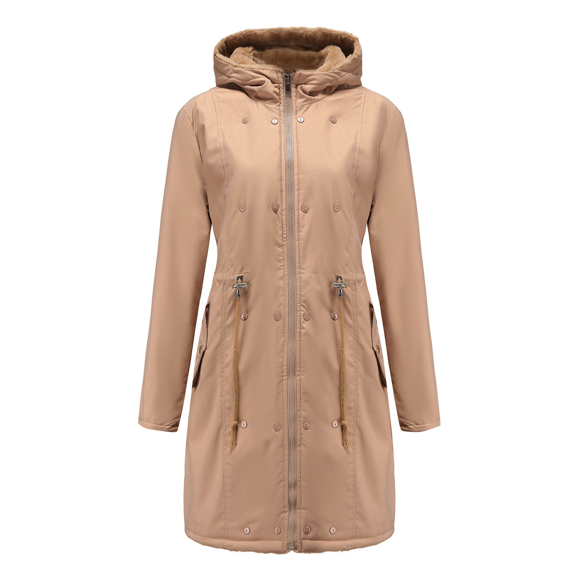 Winter Cotton Coat Women Detachable Fur Collar Mid Length Long Sleeve Parka Solid Color Hooded Warm Cotton Padded Jacket