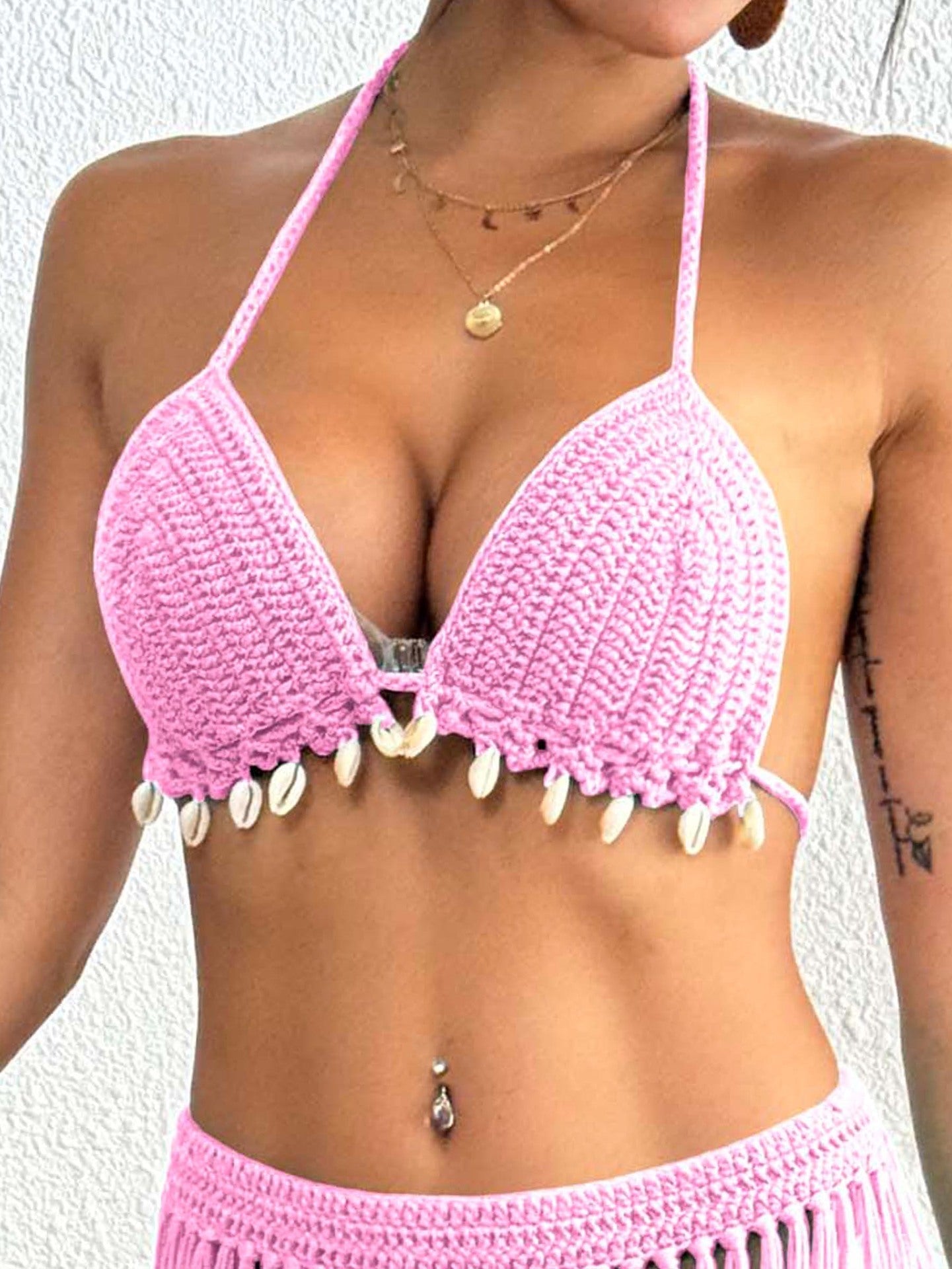 Women Top Women Clothing Handmade Shell Stitching Banded Bikini Swimsuit Top Beach Overclothes One Size Pink