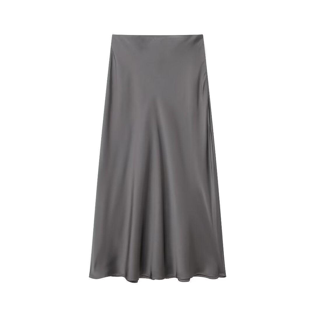 Women Clothing Simple Two Piece Sets Silk Satin Texture Long Sleeve Shirt Drape Skirt Dark Gray Skirt