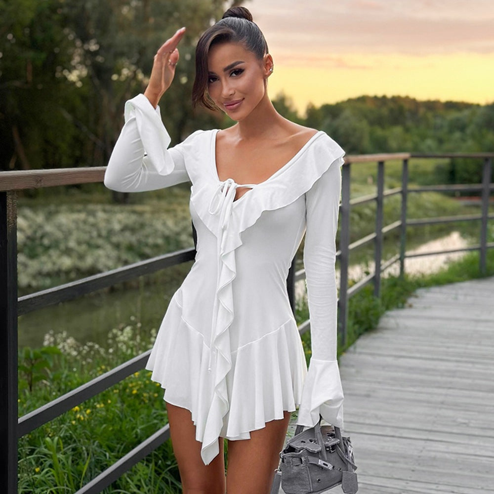 Women Clothing Ruffled Pointed Collar Rope Bell Sleeve Dress White