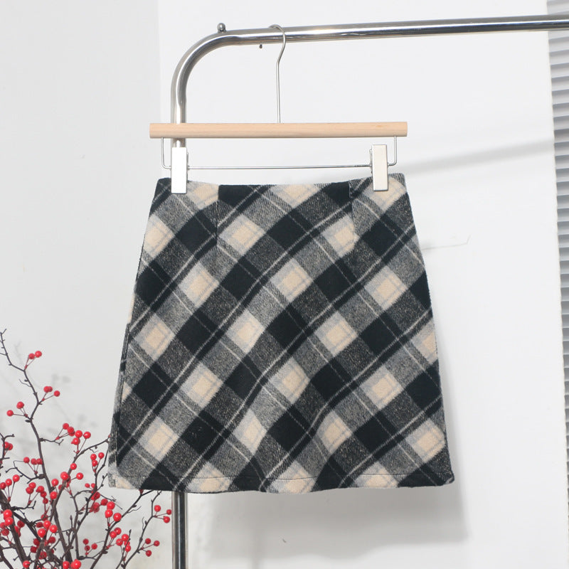 Volume Product Plaid Short Skirt Autumn Winter Woolen A Line High Waist Slimming Sheath Ant Exposure Skirt Black