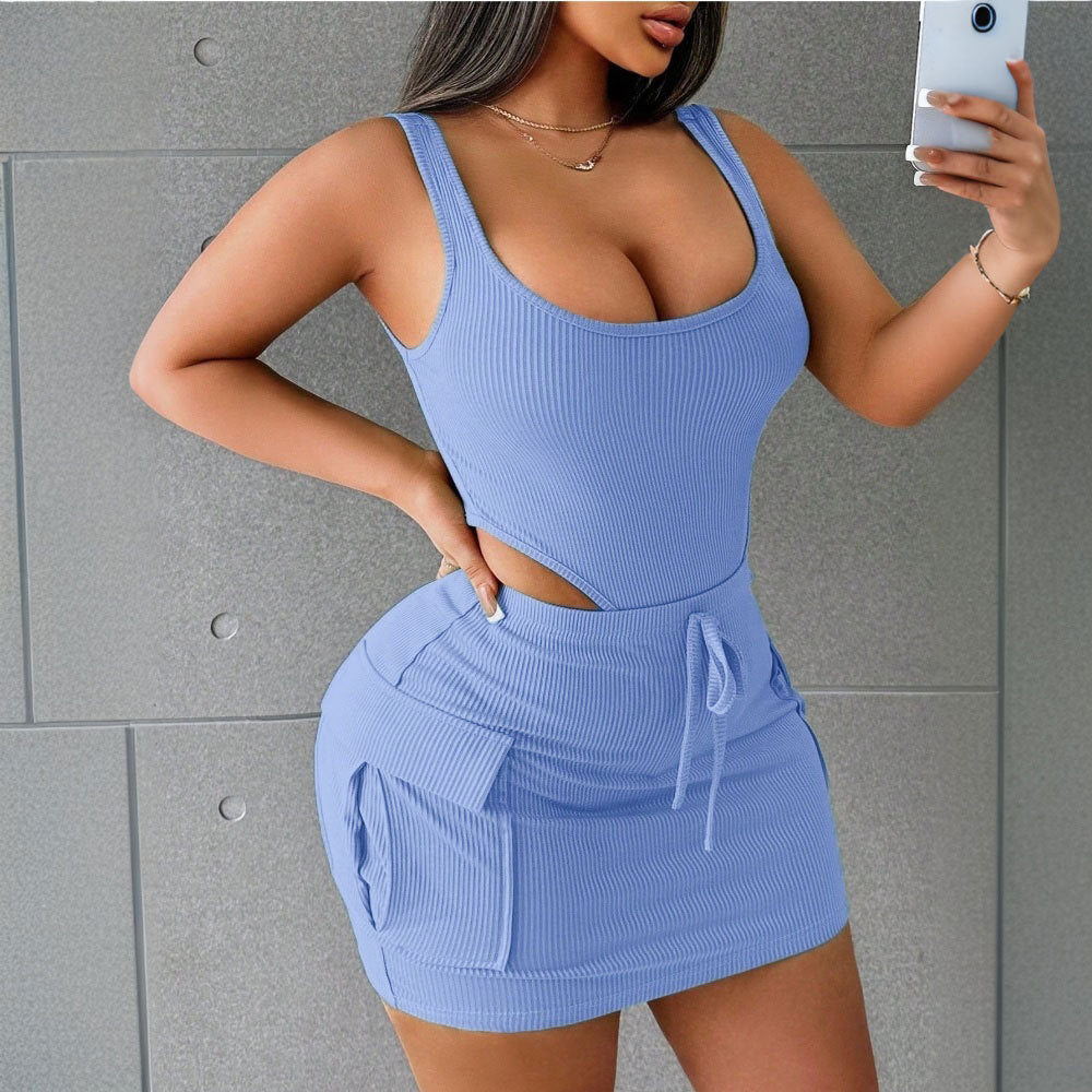 Women Clothing Spring Summer Hard Jumpsuit Tooling Bag Skirt Outfit Top Product Casual Two Piece Sets Blue