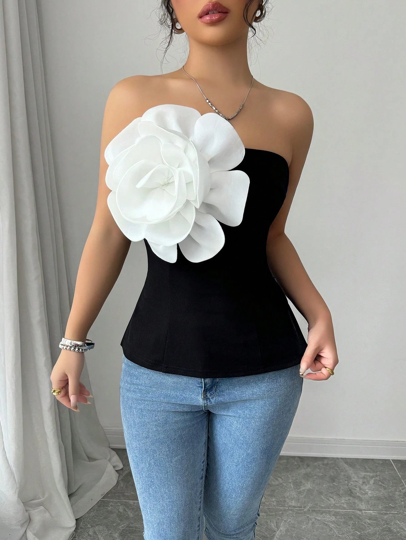 T shirt Popular Knitted Sleeveless Three Dimensional Large Floral Slim Top Black