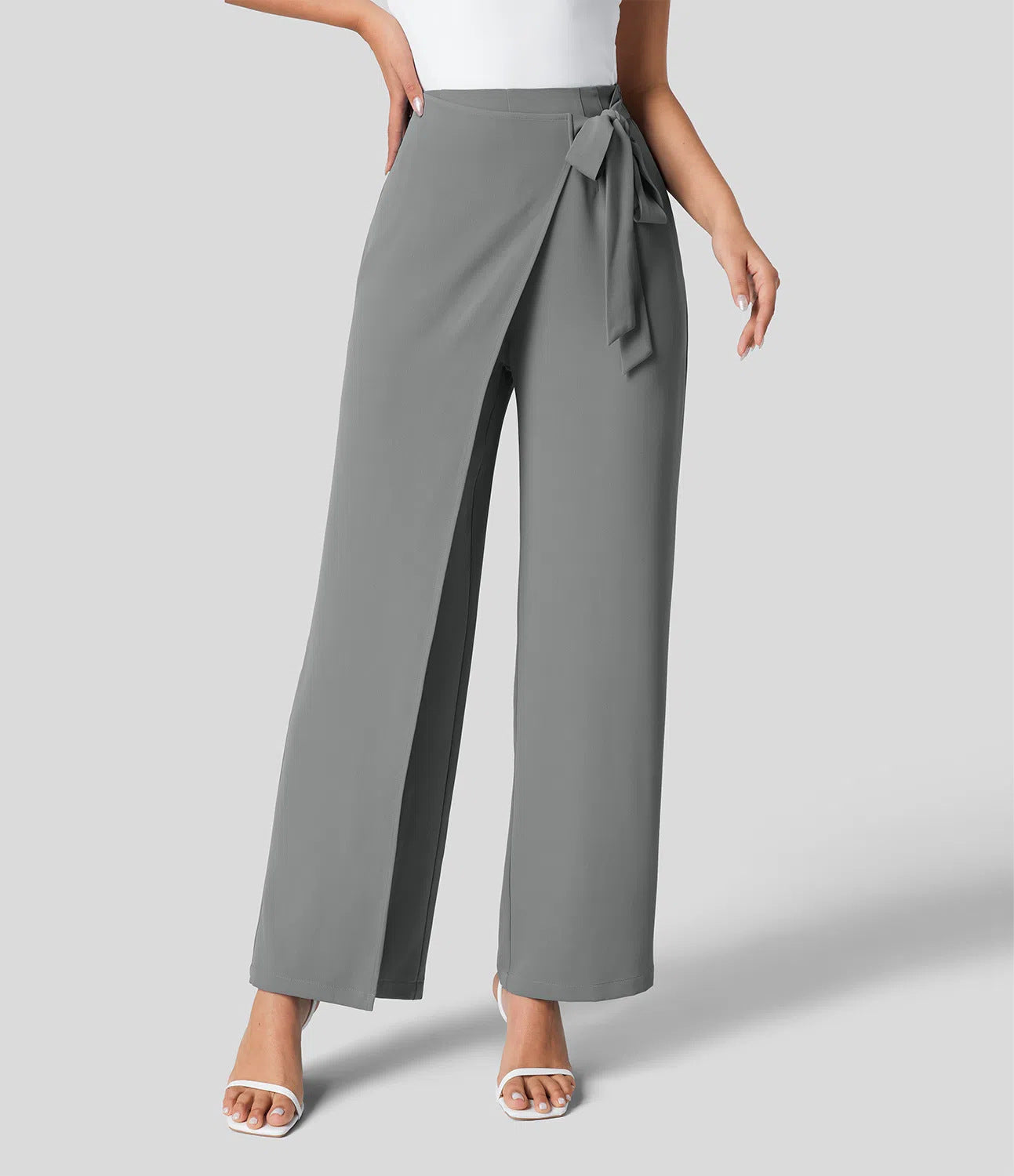 Workwear Women Work Pant Casual Texture Wide Leg Professional Trousers Belt Pants Gray