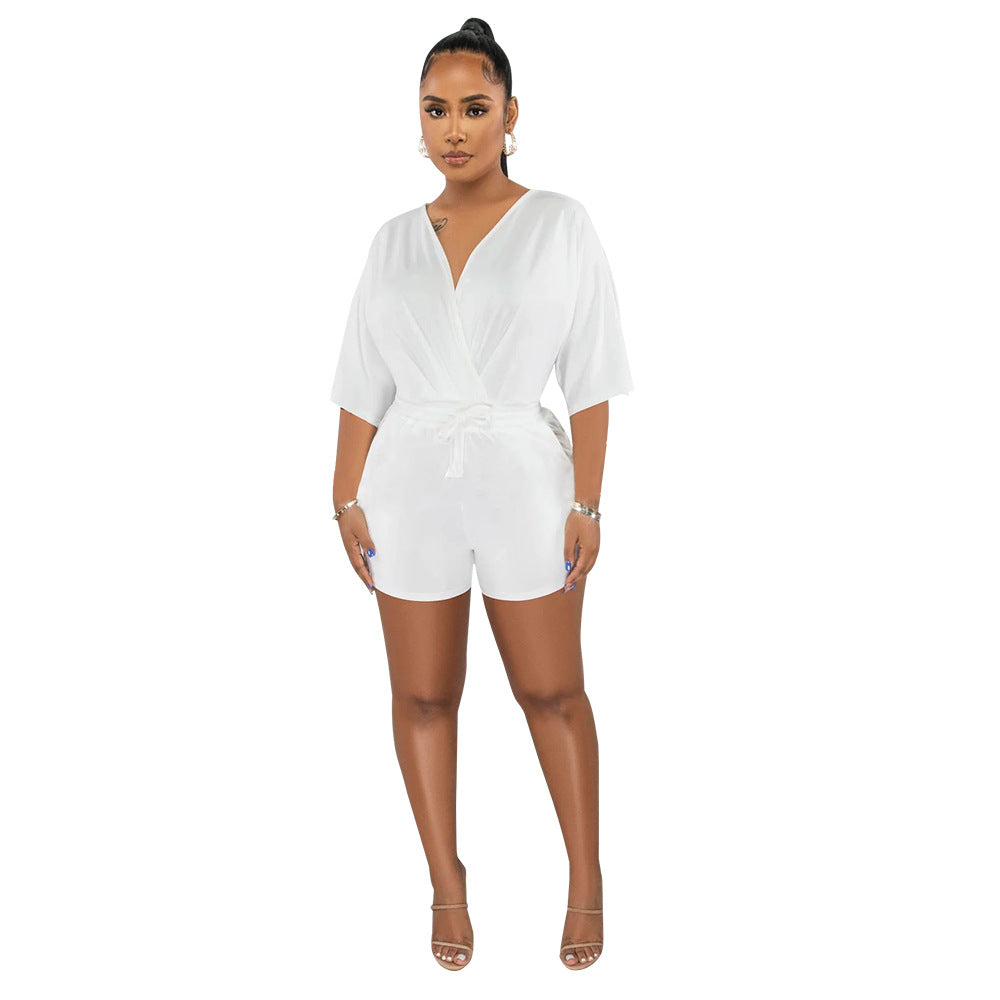 Women Solid Color V Neck Fitted Waist Jumpsuit Casual Shorts White