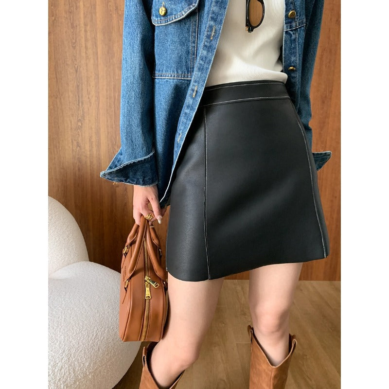 Women Retro Design Slimming Faux Leather A line Skirt Autumn Winter