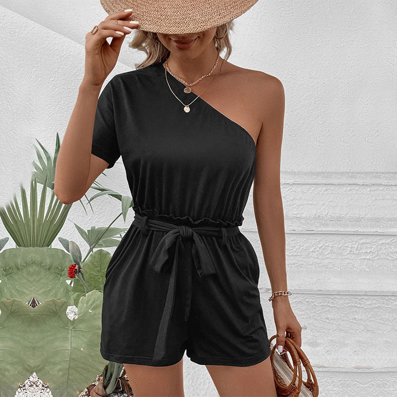 Summer Women Clothing Casual Shoulder Solid Color Romper Black