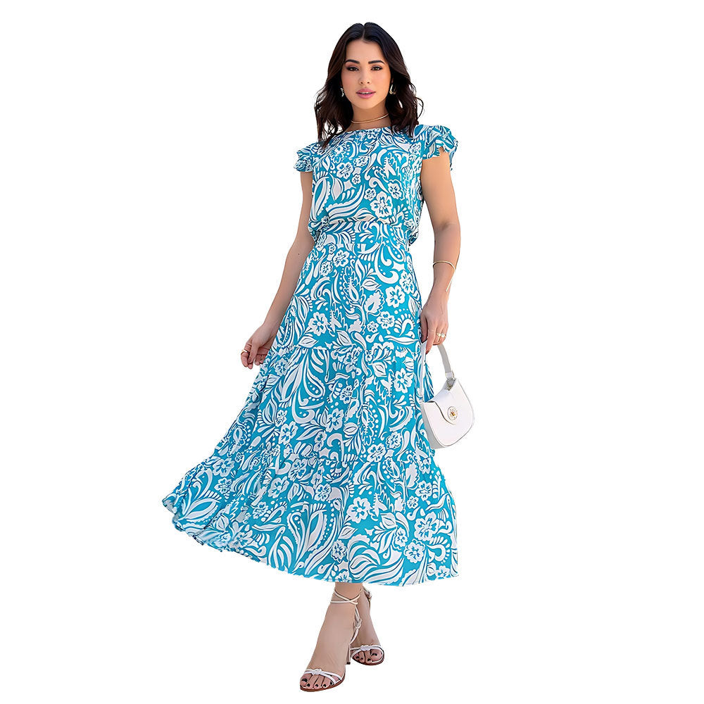 Women Clothing Fresh Floral Maxi Dress Shoulder Short Sleeved Summer Clothes Breathable Two Piece Set Blue