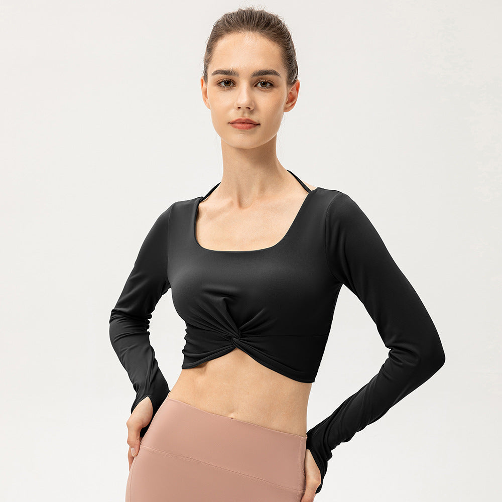 Autumn Naked Women Sense Yoga Clothes Long Sleeve with Fixed One Piece Chest Pad Square Collar High Waist Skinny Exercise Top Black