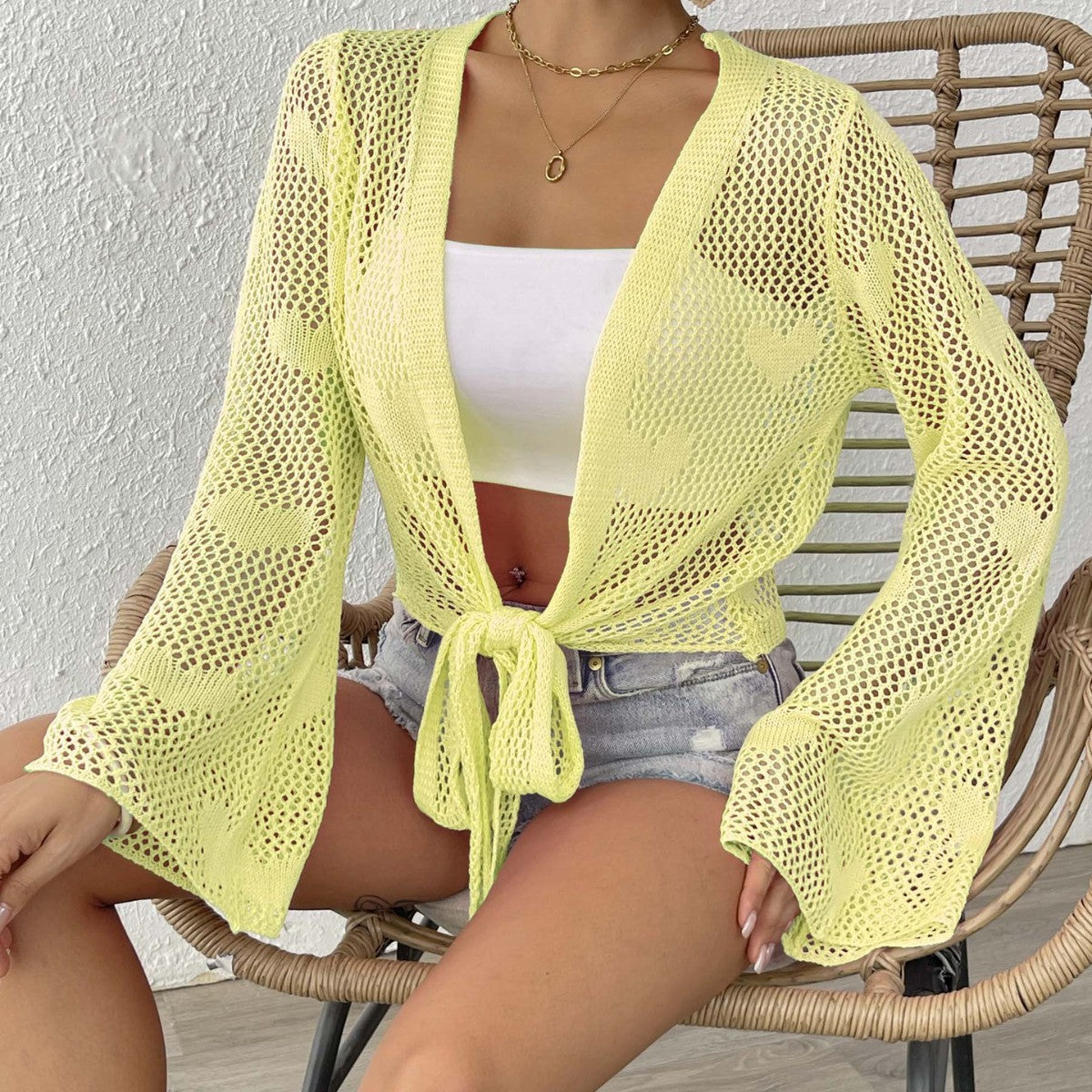 Women Cardigan Clothing Spring Summer Lace up Bow Bell Sleeve Mechanism Shirt Beach Cover Up One Size Yellow Green