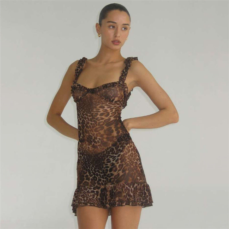 Women Summer Cool Leopard Print V Neck Sexy Backless Mesh Sling Dress Women