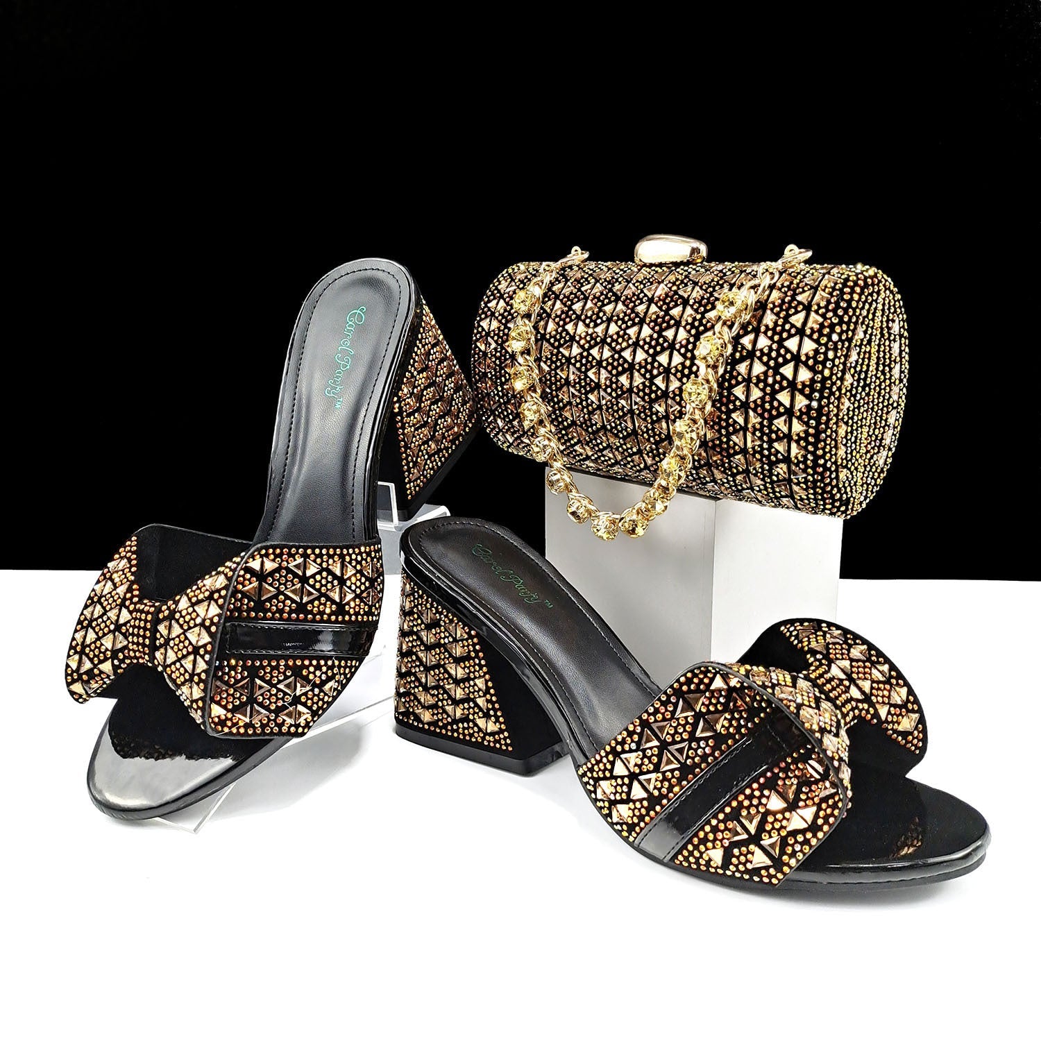 Women Shoes Bags Two Piece Sets Summer Mouth High Heel Slippers Color Matching Rhinestone Embellished Cylindrical Bag Casual Gold