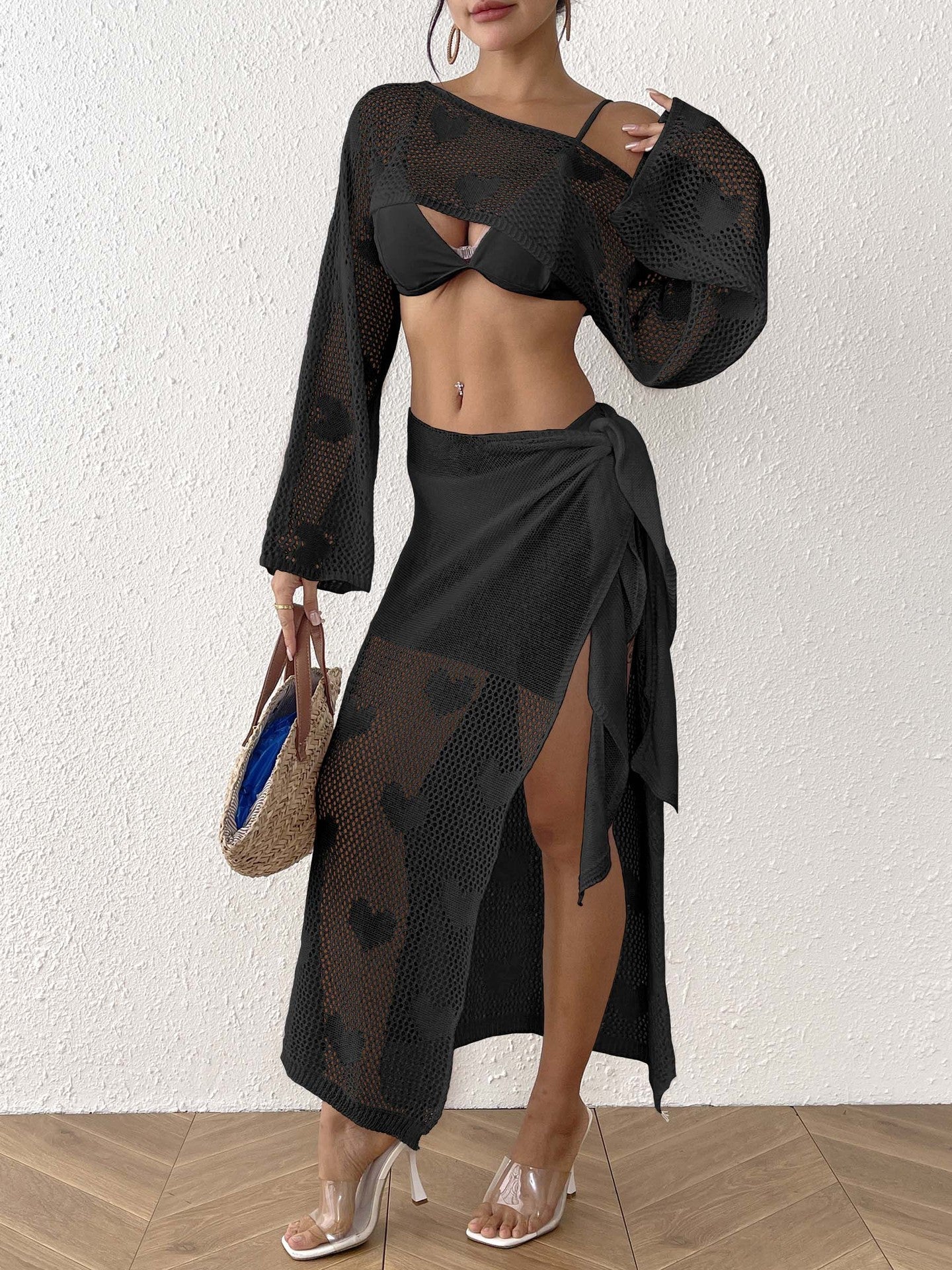 Women Beach Suit Sexy Hollow Out Cutout out Heart Jacquard Woven Overclothes Top Lace up Skirt Two Piece Sets One Size Black