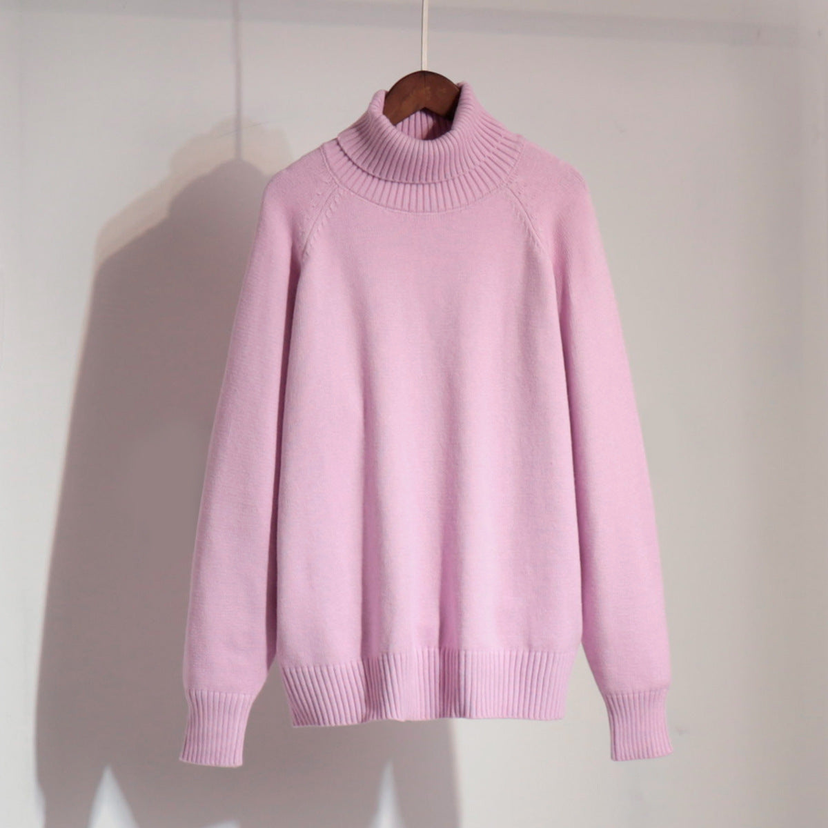 Turtleneck Sweater Autumn Winter Elegant Office Solid Color Raglan Sleeve Sweater Light Purple