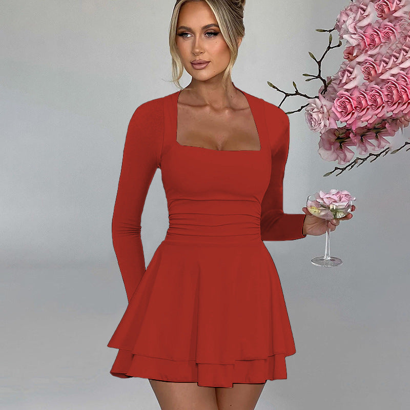 Women Clothing Square Collar Long Sleeve Waist Trimming Ruffles Simple Elegant Dress Red