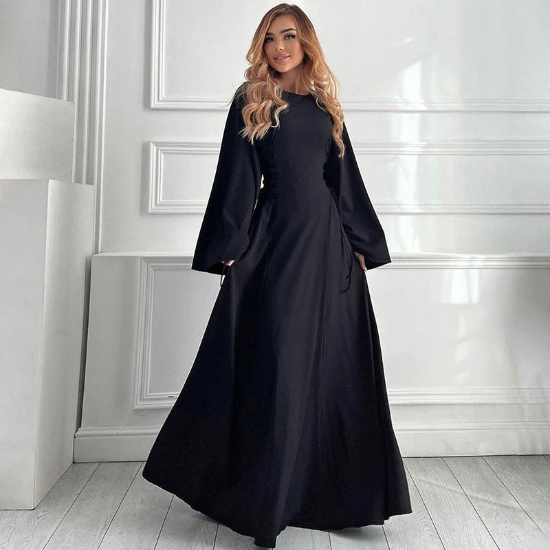 Women Clothing Autumn Winter Fashionable Elegant Slim Back Lace up Waist Controlled Long Sleeve Dress