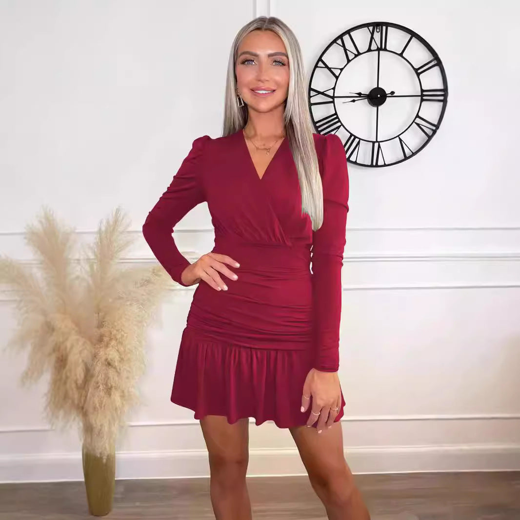 Women Wear Autumn Winter Long Sleeve Dress Sexy V Neck Pleated Slim Hip Dress Burgundy